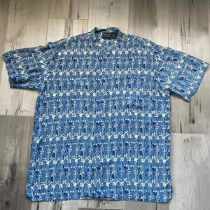 VTG Personal Choice Blue Silk Abstract‎ Print Button Up Short Sleeve Shirt Large